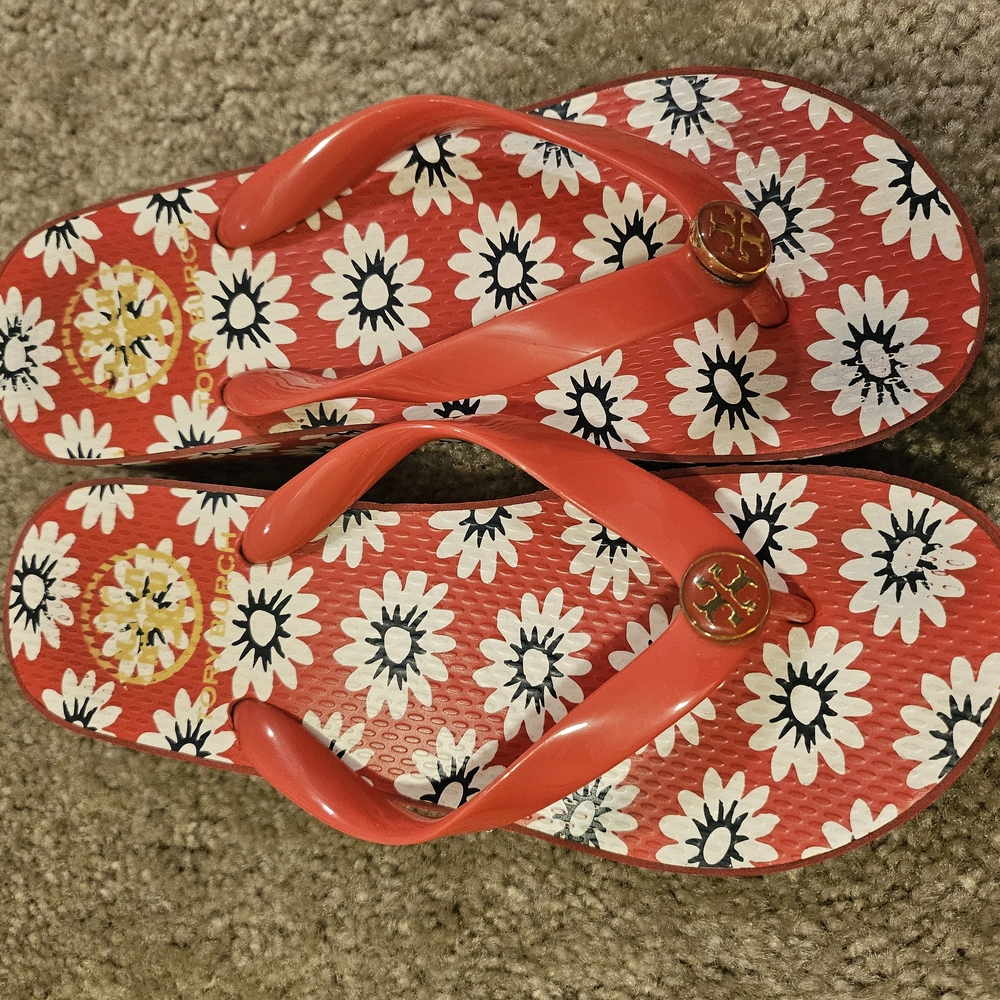 Tory Burch Wedge Red Floral Flip Flops